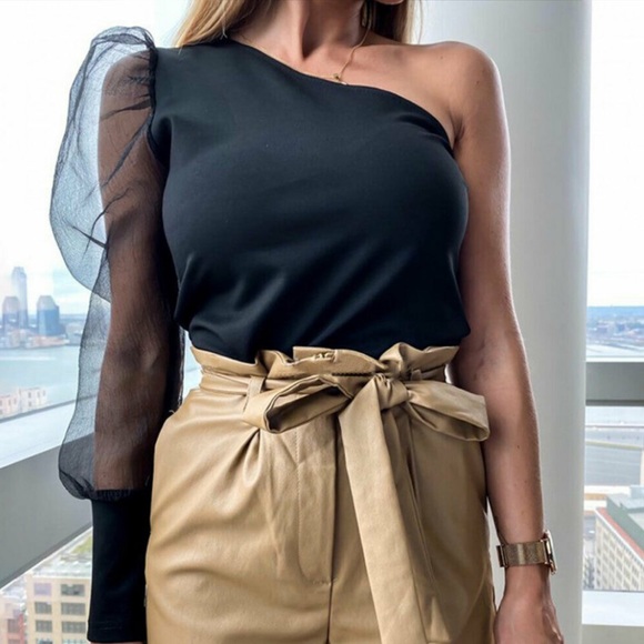 1 Left One Shoulder Puff Sleeve Black Bodysuit - Picture 3 of 7